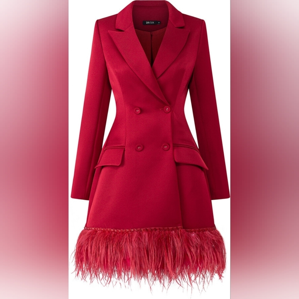21SIX NWT Red Rosa Taffeta Feather Blazer Dress